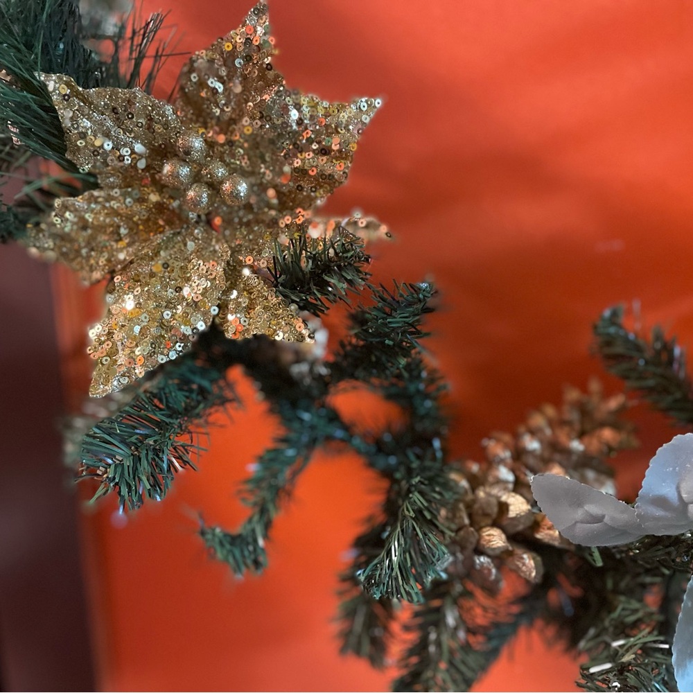 Handmade 9 foot garland with gold poinsettias, berries, pine ones